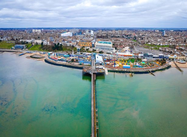 Aerial view of the Southend Pier, a major landmark in Southend-on-Sea and the longest pleasure pier in the whole world