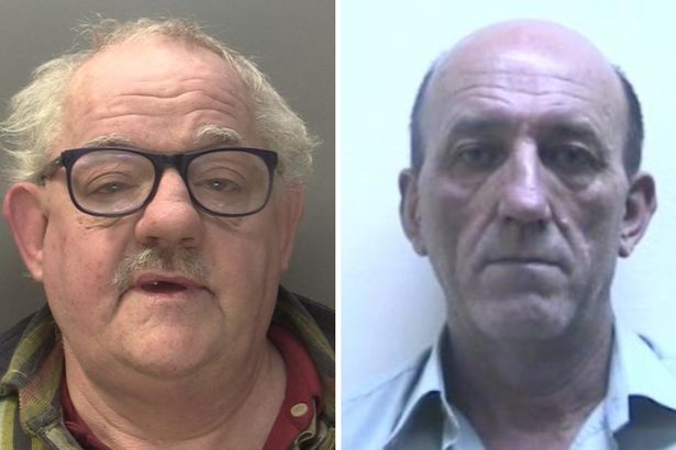 Police custody images of Paul Doyle (left) with grey hair, a moustache and wearing black-rimmed glasses and Anthony Bayliss (right) who is bald on top with short dark hair to the sides and clean-shaven