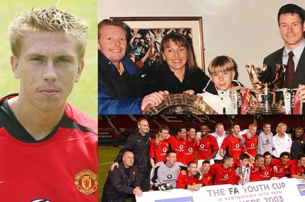 A three-image collage featuring moments from Lee Lawrence's Manchester United career.
