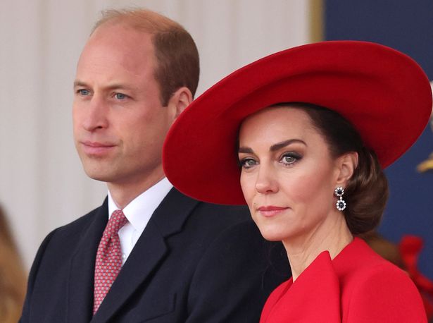 Britain's Prince William, left, and Britain's Kate, Princess of Wales, attend a ceremonial welcome for the President and the First Lady of the Republic of Korea at Horse Guards Parade in London