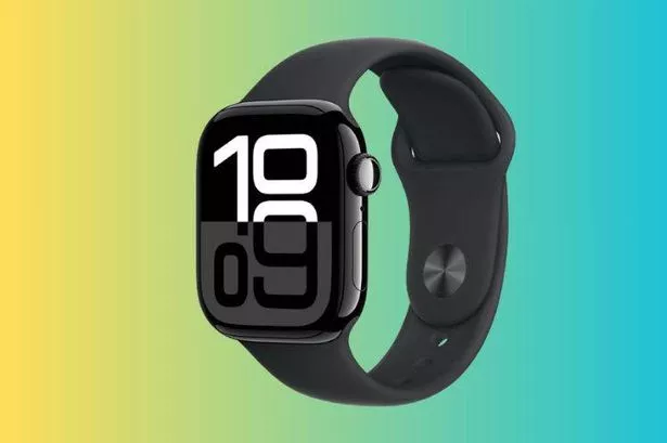 The black Apple Watch Series 10 in front of a colourful background