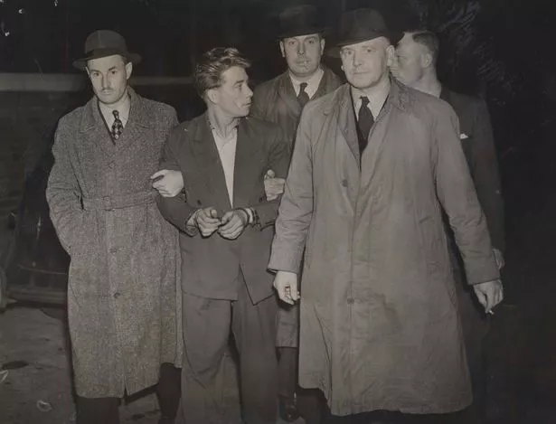 Edward Devlin with detectives after his arrest for the murder of Beatrice Alice Rimmer - Alfred Burns  was also charged with her murder