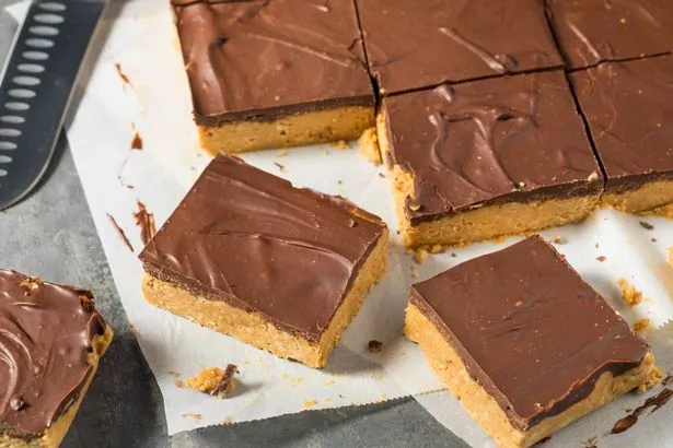 A homemade chocolate peanut butter bar for dessert