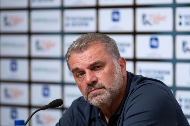 SINGAPORE, SINGAPORE - JULY 25: Manager Ange Postecoglou of Tottenham Hotspur addresses the media during the Pre-Match Conference at the National Stadium on July 25, 2023 in Singapore. (Photo by Playmaker/MB Media/Getty Images)