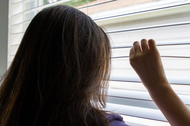 A woman peers through the blinds of a window and looks outside her home.