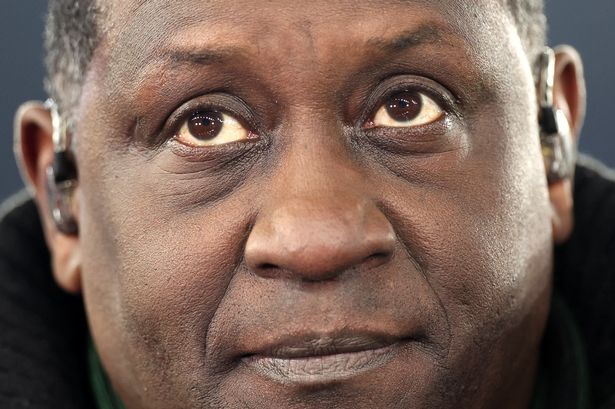 Emile Heskey on pundit duty for Amazon Prime ahead of the Premier League match between Leicester City and West Ham United at King Power Stadium 