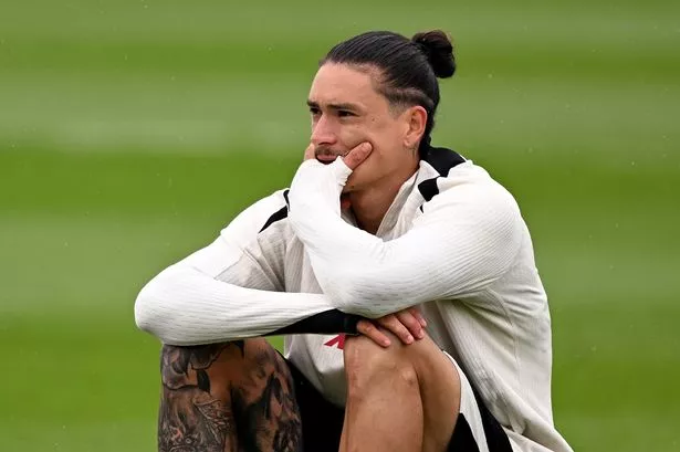 KIRKBY, ENGLAND - APRIL 18: (THE SUN OUT, THE SUN ON SUNDAY OUT) Darwin Nunez of Liverpool during a training session at AXA Training Centre on April 18, 2025 in Kirkby, England. (Photo by Andrew Powell/Liverpool FC via Getty Images)
