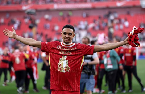 Trent Alexander-Arnold of Liverpool celebrates the teams victory and confirmation of winning the Premier League title