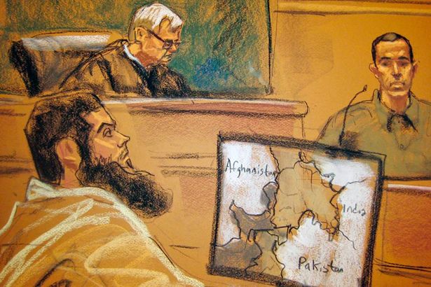 Abid Naseer (L), 28, listens to testimony from U.S. District Judge Raymond Dearie looks on in the first day his trial in 2015 