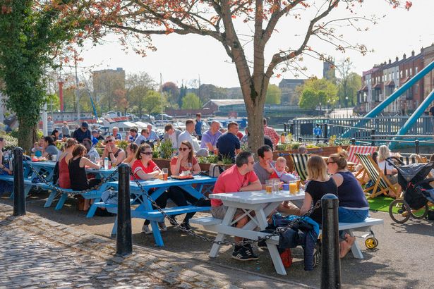 Crowds flocked to the Ostrich pub on Bristol's harbourside on a sunny Good Friday