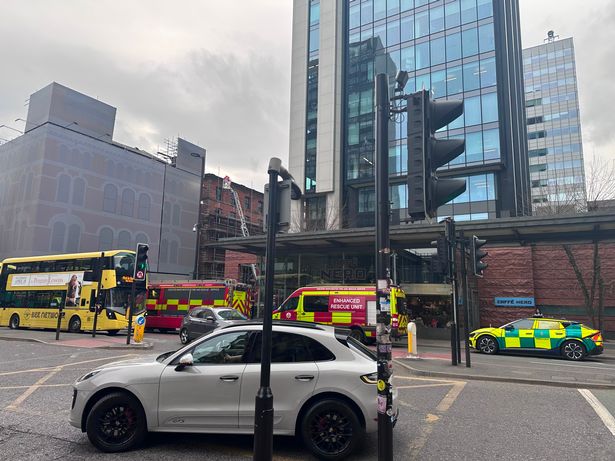 Emergency vehicles lining the road