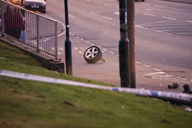 A wheel was sent flying into a bus stop nearby