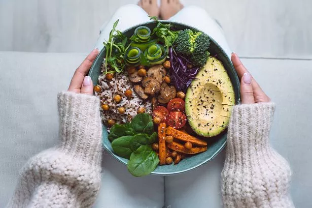 Healthy eating. Plate with vegan or vegetarian food. Healthy plant based diet. Healthy dinner. Buddha bowl with fresh vegetables.
