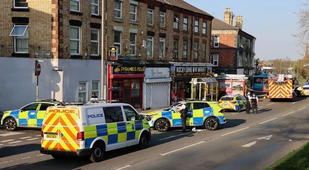 Merseyside Fire and emergency scene on Rocky Lane junction with Grange Street, Liverpool.