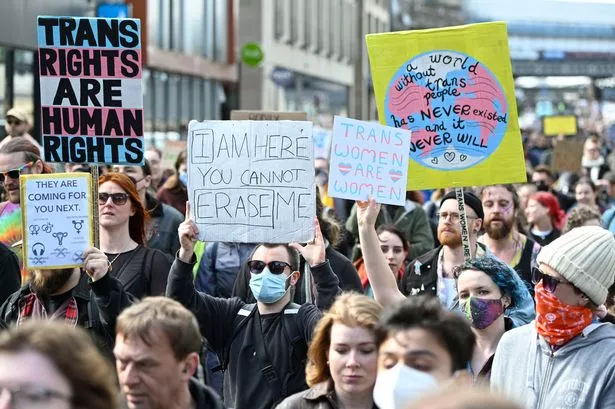 An image of a demonstration supporting trans rights.