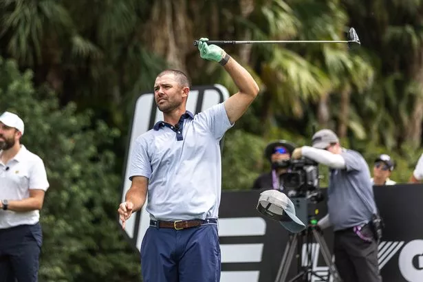 Wesley Bryan hits his shot during the Duels at the twelfth hole during previews for LIV Golf Miami at Trump National Doral Miami 