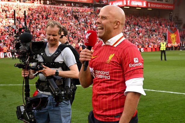 Arne Slot, manager of Liverpool, speaks to the media
