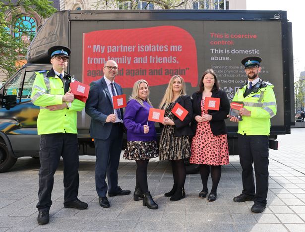Merseyside Police launch new domestic abuse campaign pictured with officers Detective Chief Superintendent Paul Lamb, Jemma Stewart, Jenny Dennett from The First Step, and Emily Spurrell, Merseyside Police and Crime Commissioner. Photo by Colin Lane