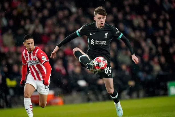 Liverpool right-back Conor Bradley playing against PSV Eindhoven