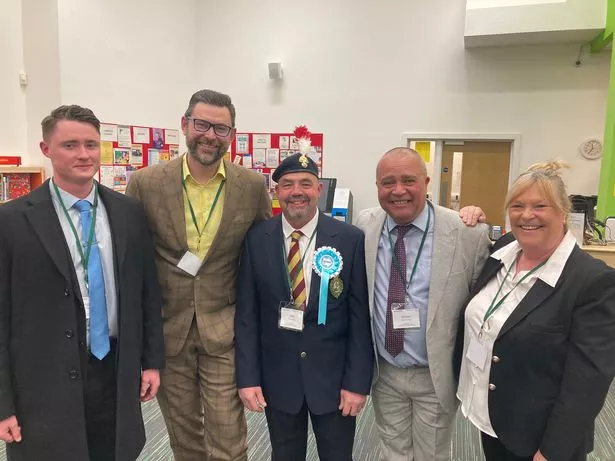 Reform UK celebrate victory in Longdendale, Tameside. Councillor Allan Hopwood in the centre 