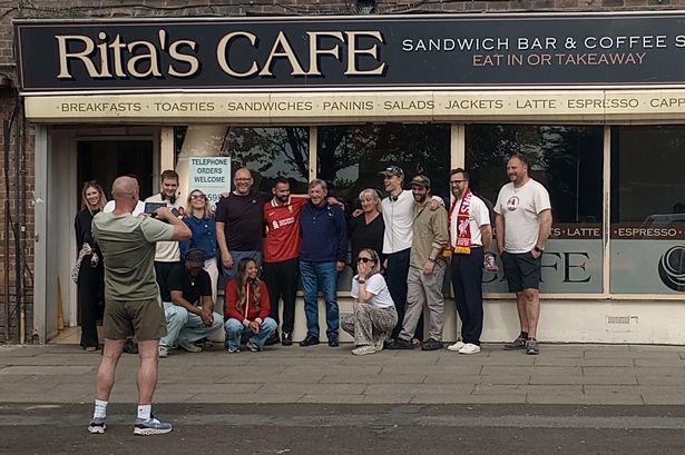 Jack McMullen and Kenny Dalglish (middle) outside Rita's Cafe in Litherland
