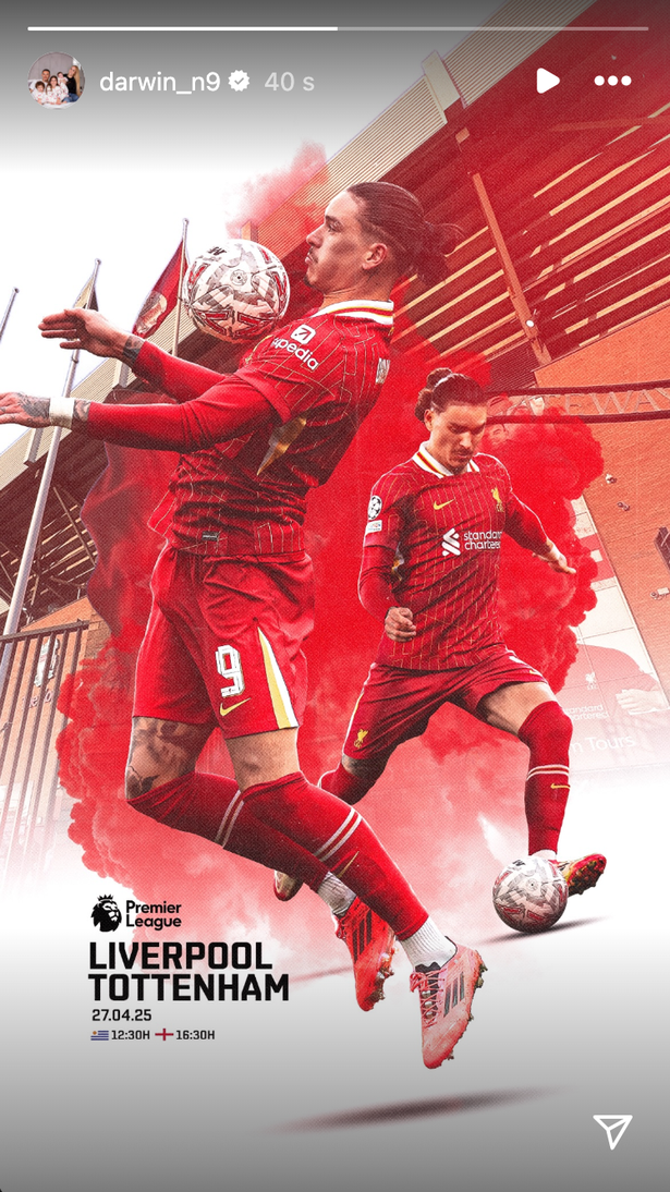 Darwin Nunez posted to Instagram on Saturday night ahead of Liverpool vs Tottenham Hotspur