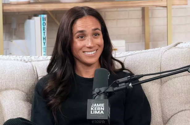 Meghan Markle speaking into the microphone on Jamie Kern Lima's podcast