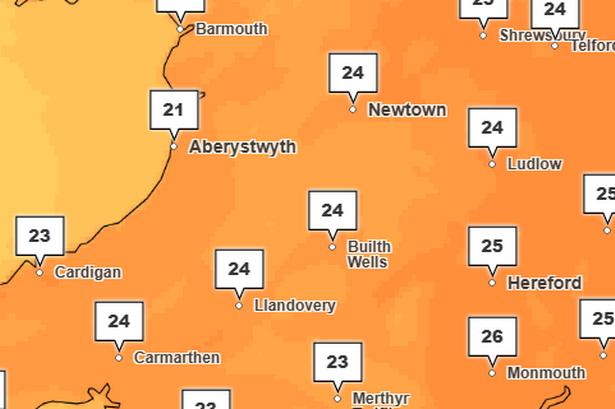 The hottest part of Wales today will be Monmouth, which is expected to reach 26C between 3-4pm