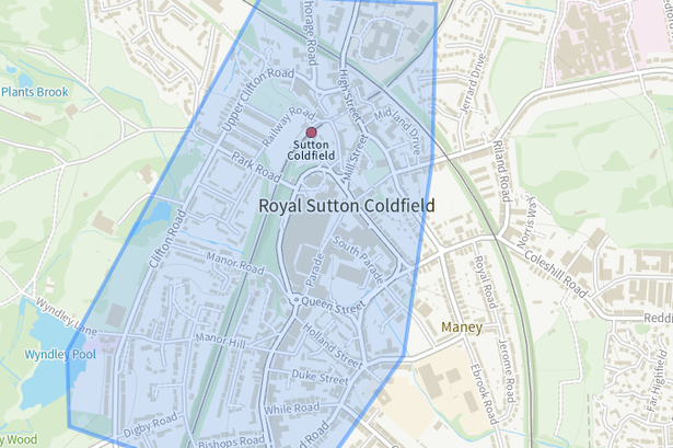 A map of Sutton Coldfield town centre showing an area where special police dispersal powers are in place covering the main Birmingham Road and Parade as well as Clifton Road to the west and Holland Road to the east, and covering an area from the Royal Cinema to Sutton Coldfield College 