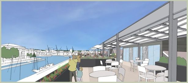 Illustration of the proposed new roof terrace on top of the V-Shed building at Bristol's Floating Harbour
