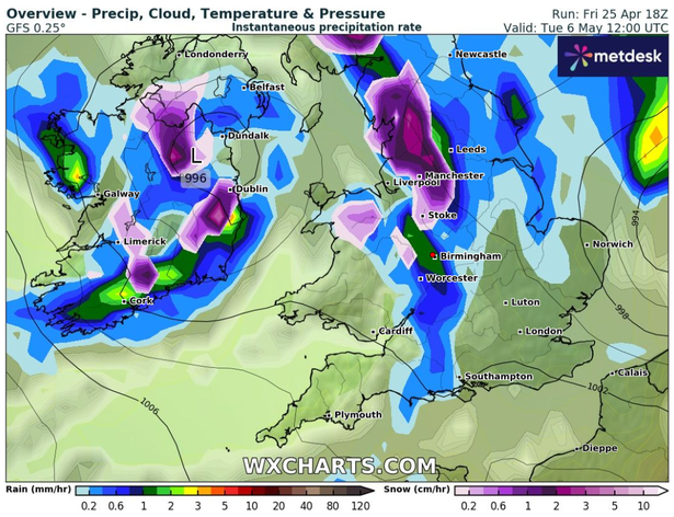 Weather maps from WX Charts have forecasted snow to fall across an 18-hour period