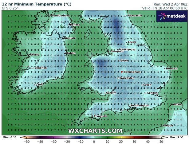 WX Charts has forecasted temperatures to drop below freezing