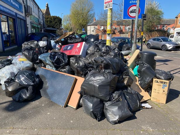 Waste piles high in Balsall Heath, Birmingham on April 1 - the day after the city council declared a major incident