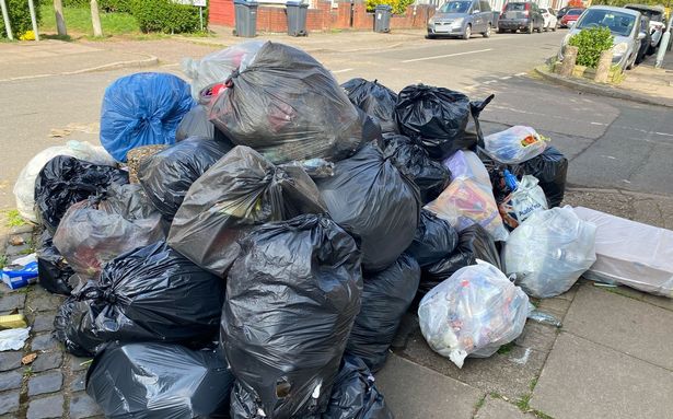 A pile of bin bags in Kitchener Road, Selly Park in Birmingham on Thursday, April 24 - shortly before they were cleared by refuse workers