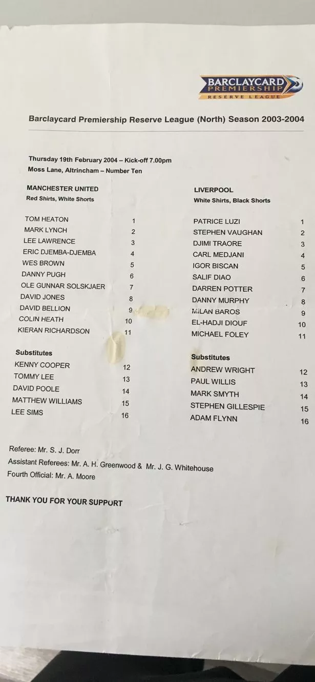 A teamsheet for a Barclaycard Premiership Reserve League match between Manchester United and Liverpool in February 2004.