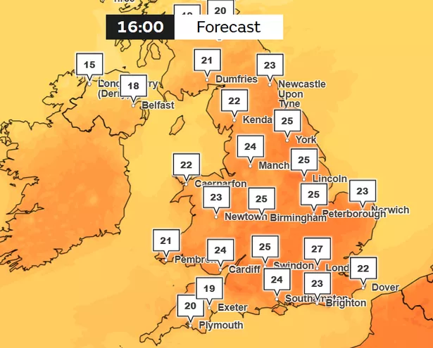 Met Office temperature maps show highs of 27C in London at 4pm on Thursday (May 1)