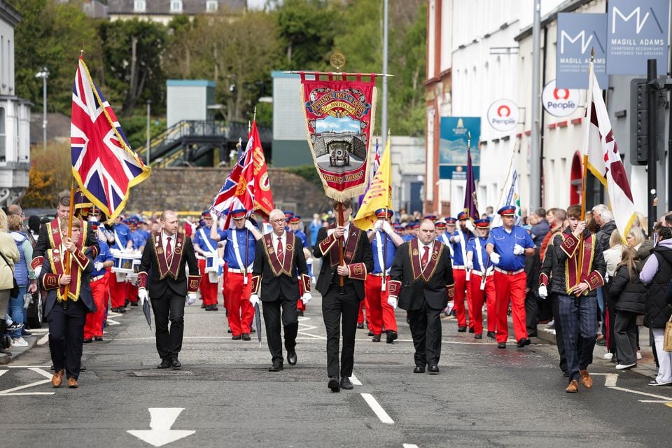 Press Eye - Belfast - Northern Ireland - 21st April 2025 General view of the main Apprentice Boys of Derry parade as it makes its way through the centre of Lisburn. Over 50 bands joined the main parade as it made its way through the County Antrim town. Photo by Kelvin Boyes  / Press Eye. 