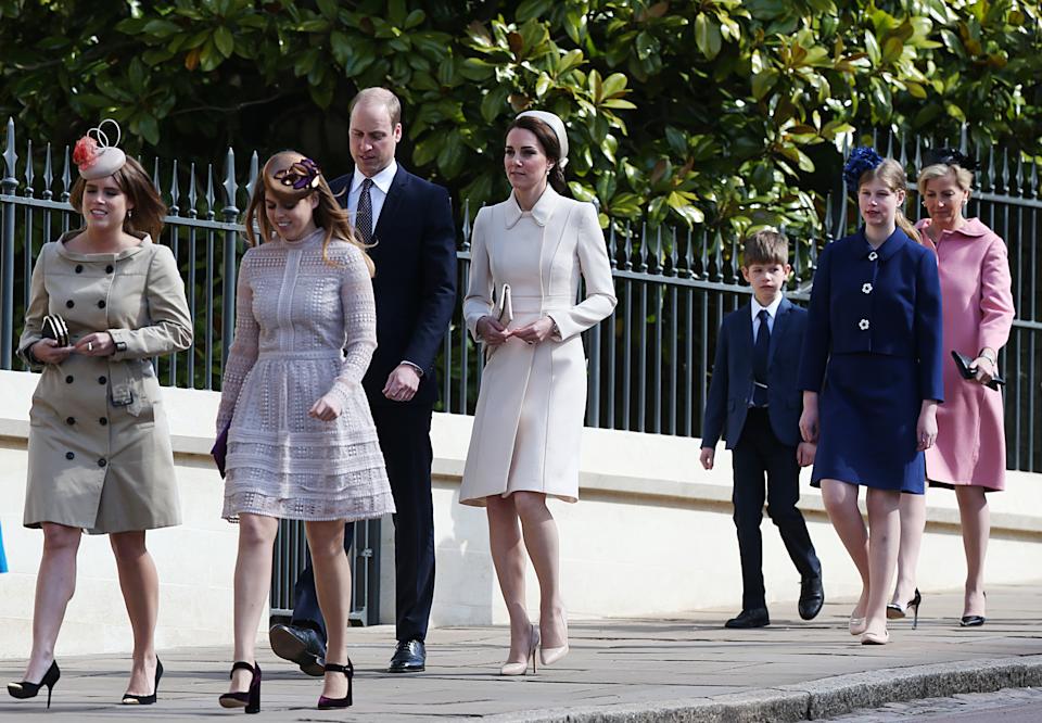 Princess Eugenie Princess Beatrice, Prince William, Princess Kate, James Wessex, Lady Louis and Duchess Sophie walking to church on Easter 2017.