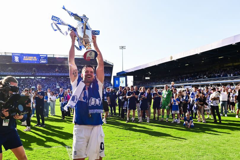 Lukas Jutkiewicz of Birmingham City celebrates with the EFL League One trophy