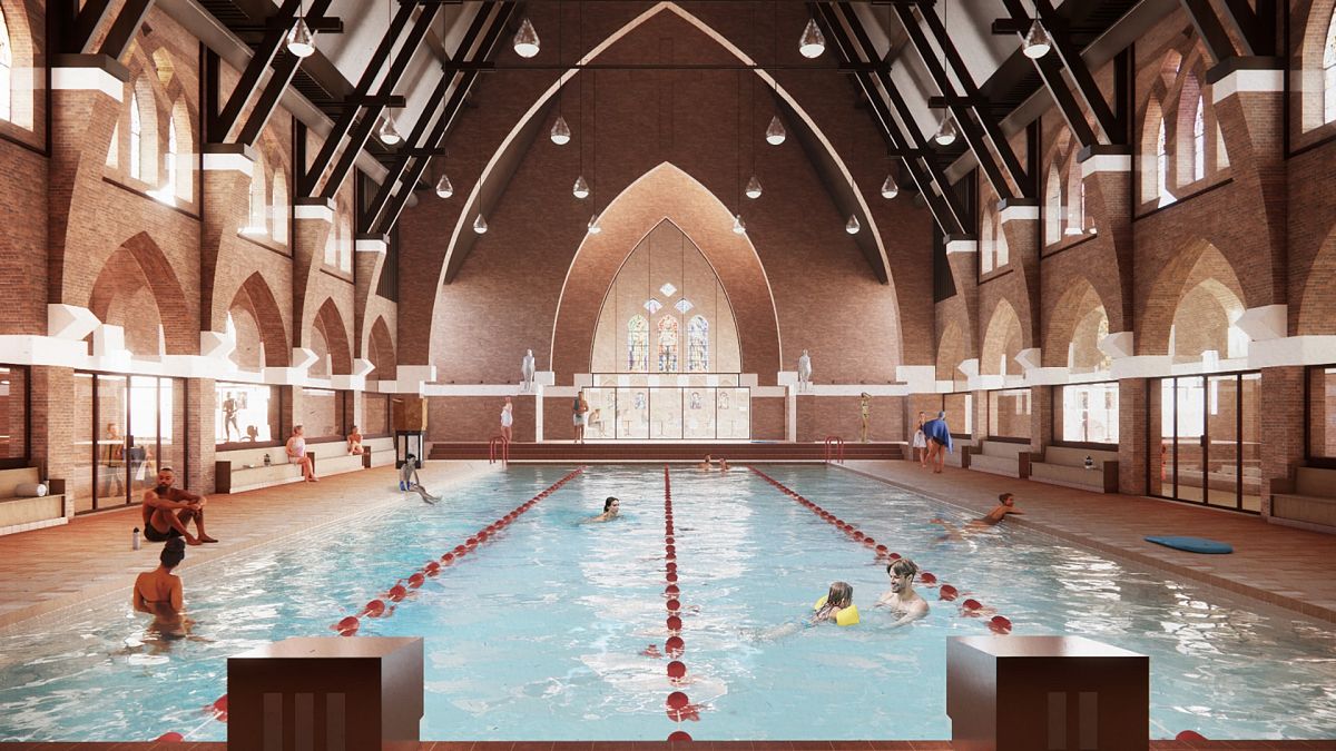 Dutch architecture studios design a church-turned-pool, where you can walk on water