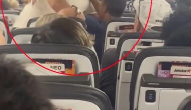 Watch shocking moment passengers clash over reclined seat as mid-air brawl erupts on busy flight to party hotspot
