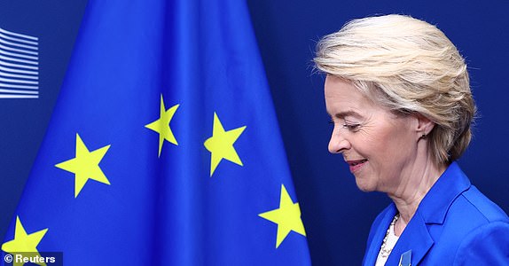 European Commission President Ursula von der Leyen receives Ukrainian Prime Minister Denys Shmyhal (not pictured), in Brussels, Belgium April 10, 2025. REUTERS/Yves Herman