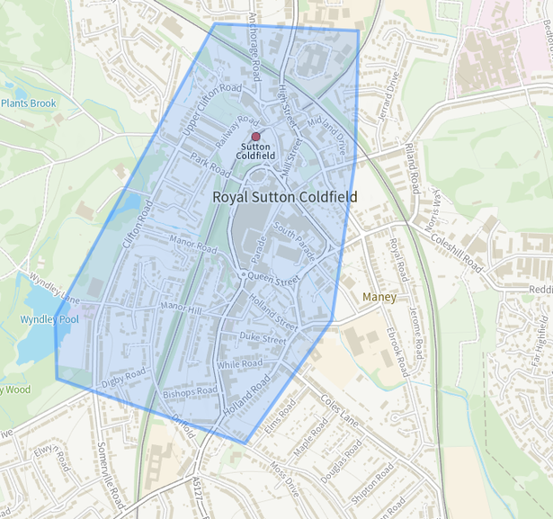 A map of Sutton Coldfield town centre showing an area where special police dispersal powers are in place covering the main Birmingham Road and Parade as well as Clifton Road to the west and Holland Road to the east, and covering an area from the Royal Cinema to Sutton Coldfield College 