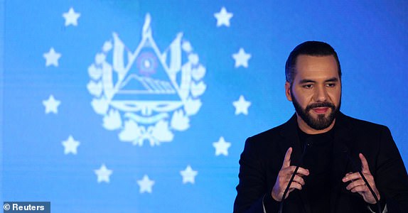 El Salvador's President Nayib Bukele speaks during the inauguration ceremony of the Key Institute in Antiguo Cuscatlan, El Salvador, March 19, 2025. REUTERS/Jose Cabezas
