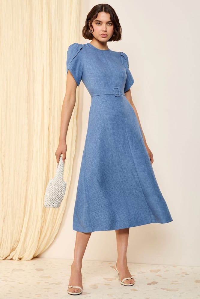 Friends Like These Blue Petal Sleeve Midi A Line Belted Dress