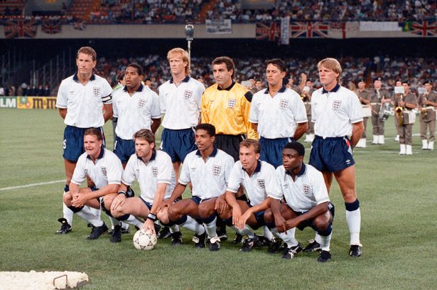 Mark Wright lines up with his Three Lions teammates before the Cameroon quarter-final