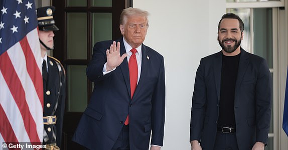 WASHINGTON, DC - APRIL 14: U.S. President Donald Trump (L) welcomes El Salvador President Nayib Bukele to the White House on April 14, 2025 in Washington, DC. Trump and Bukele are scheduled to meet in the Oval Office to discuss a range of bilateral issues, including the detention of Kilmar Armando Abrego Garcia, who has been held in a prison in El Salvador since March 15.  (Photo by Kayla Bartkowski/Getty Images)