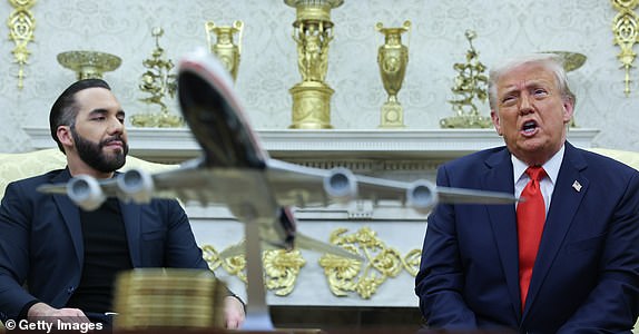 WASHINGTON, DC - APRIL 14: U.S. President Donald Trump meets with President Nayib Bukele of El Salvador in the Oval Office of the White House April 14, 2025 in Washington, DC. Trump and Bukele were expected to discuss a range of bilateral issues including the detention of Kilmar Armando Abrego Garcia, who has been held in a prison in El Salvador since March 15. (Photo by Win McNamee/Getty Images)