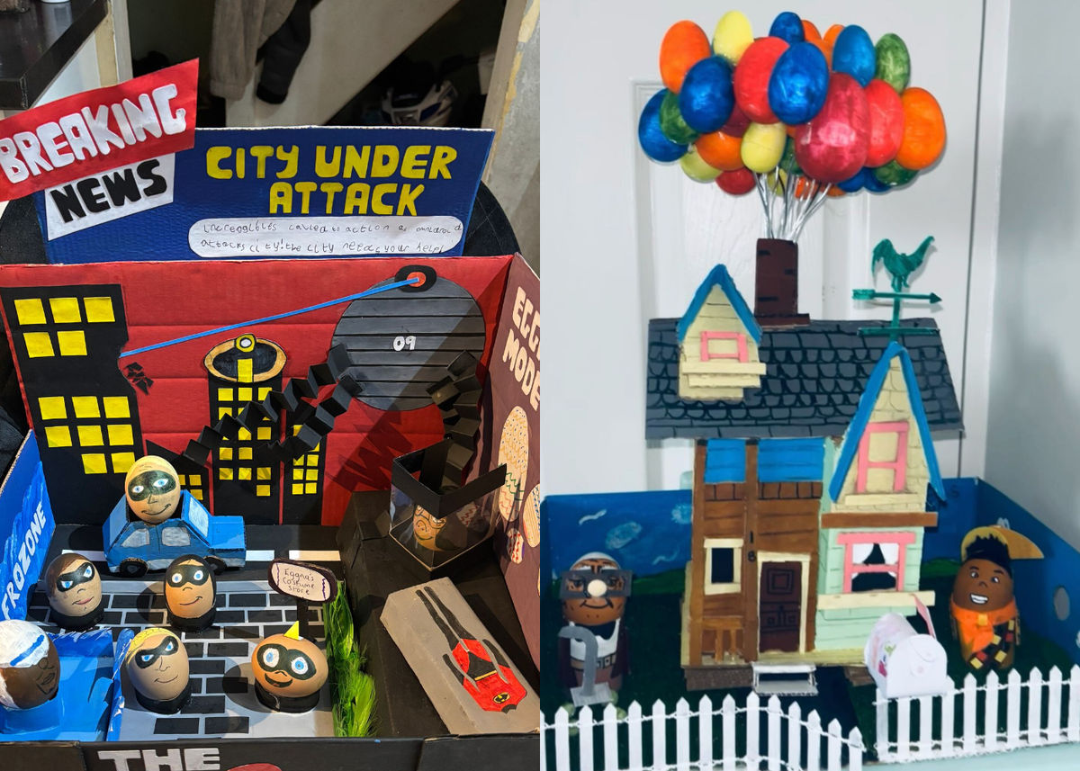 An Easter egg creation made by is Caleb Dove based on characters from Pixar animation The Incredibles including Edna Mode, also known as 'Eggna Mode', and Jack-Jack using hard boiled eggs.
