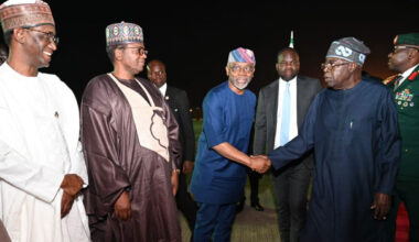 Tinubu being received by Chief of Staff Femi Gbajabiamila; FCT Minister Nyesom Wike; NSA Nuhu Ribadu; SGF George Akume, and others at the Nnamdi Azikiwe International Airport, Abuja, at 9:50 p.m. on Monday. Photo: Channels